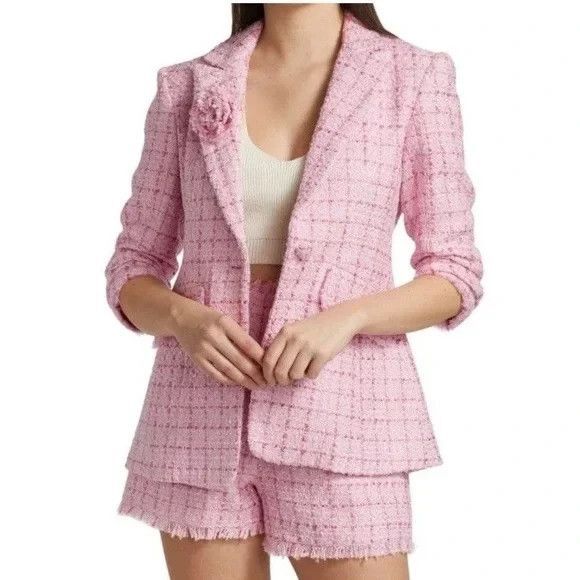 Cinq a Sept Pricilla Size 8 Pink Tweed Blazer Jacket Half-Length Rolled Sleeves - Picture 1 of 13